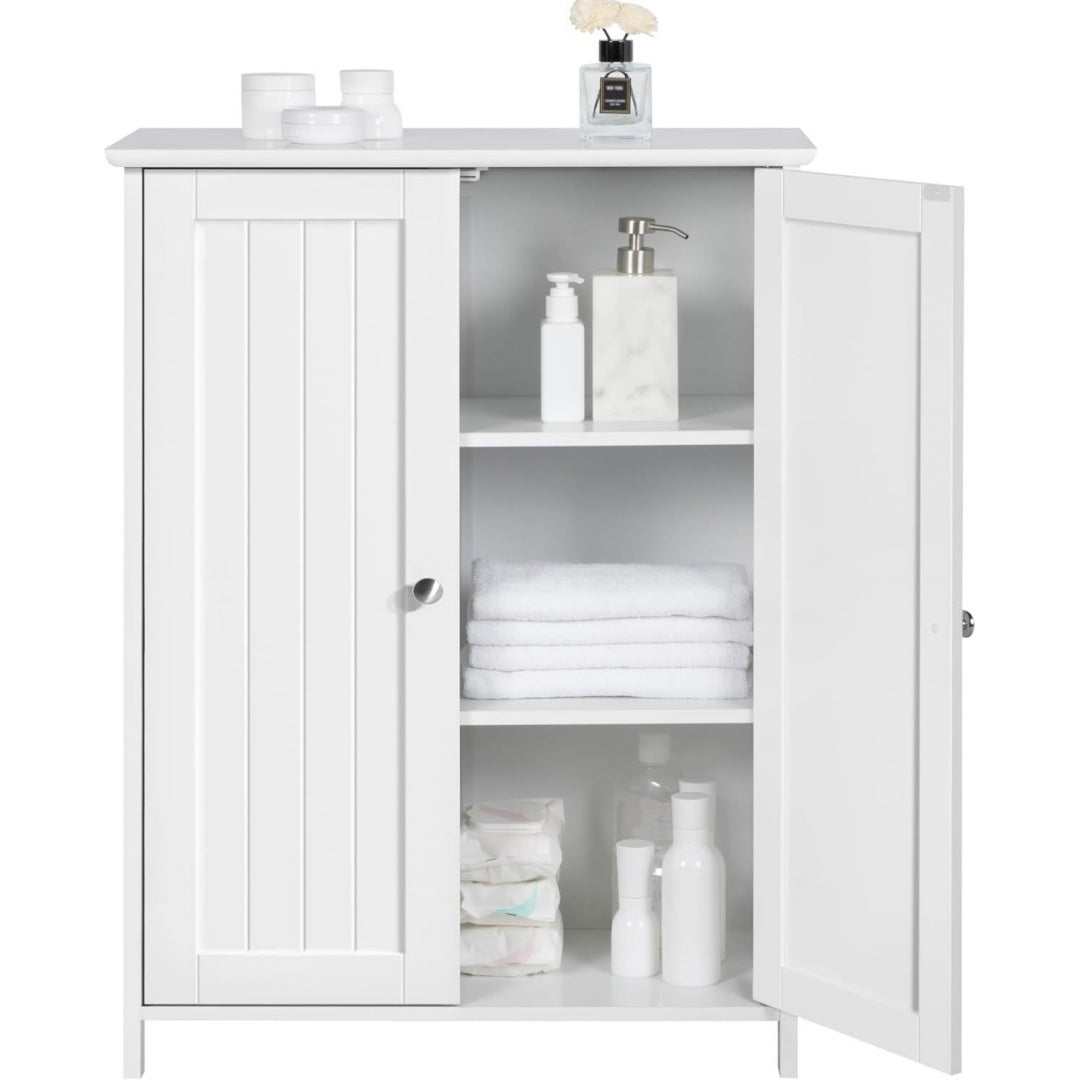 Meuble sur pied en verre gris clair, etageres reglables, rangement pratique