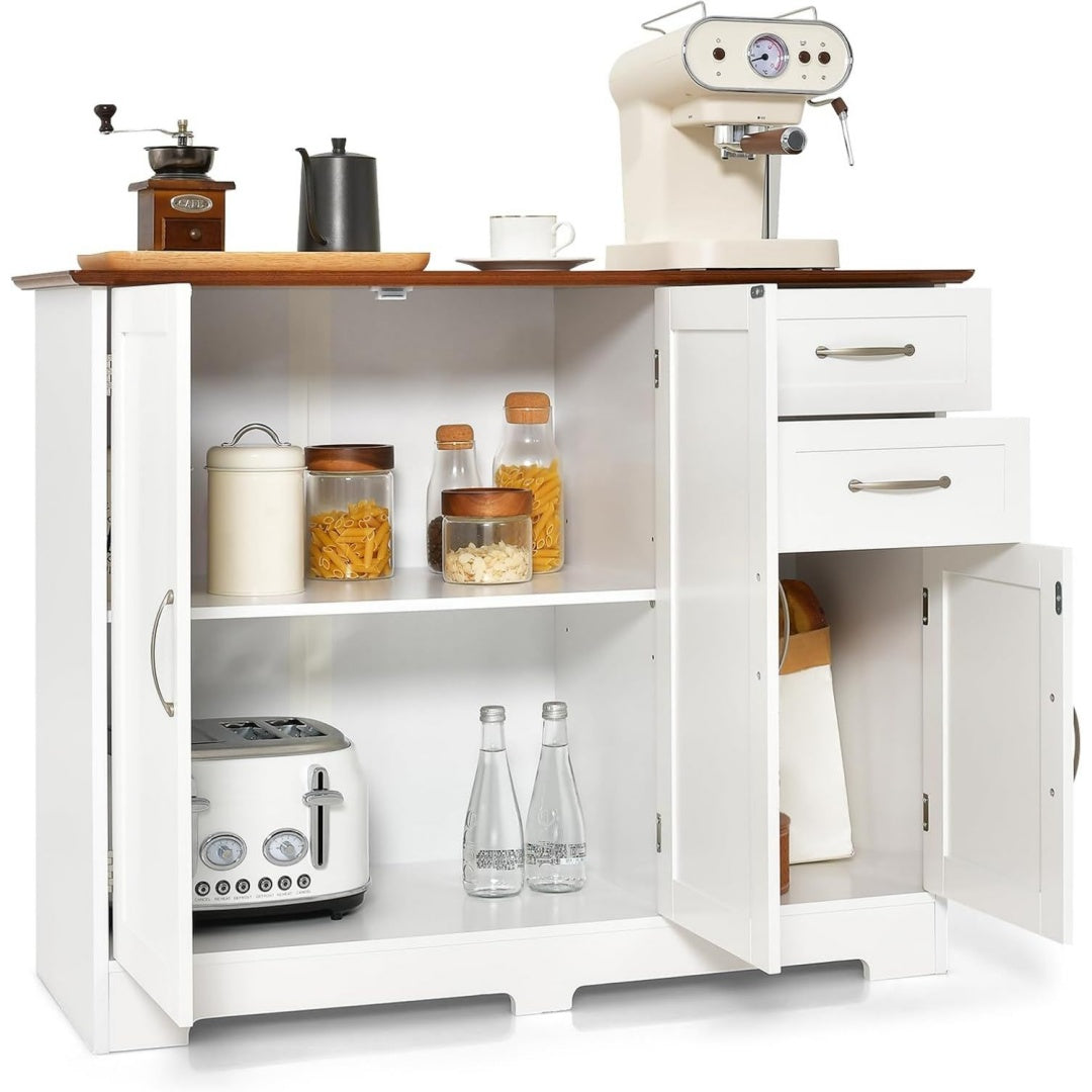 Buffet gris clair avec 2 tiroirs et etageres reglables