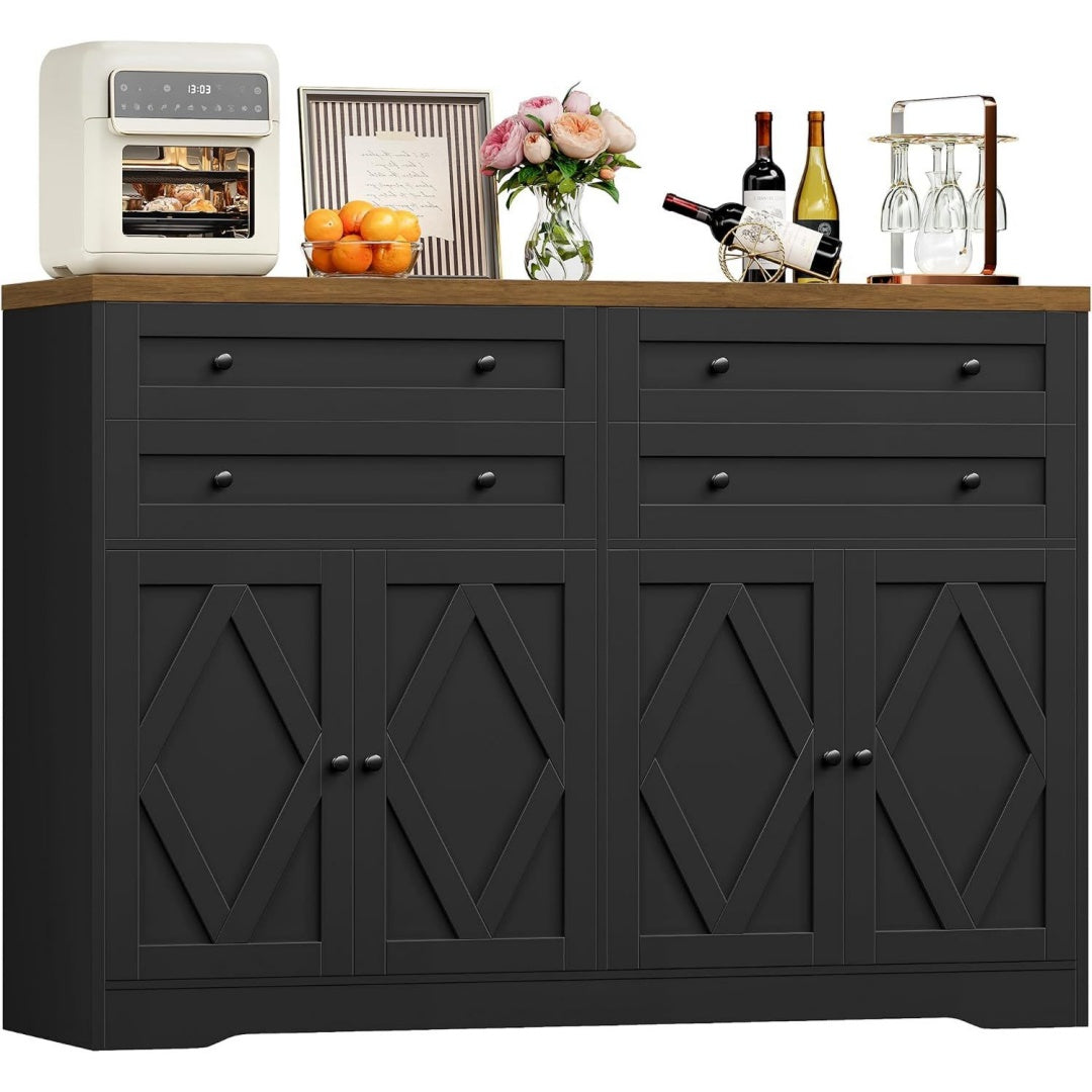Enfilade style industriel noir charge renforcee a 4 portes 4 tiroirs