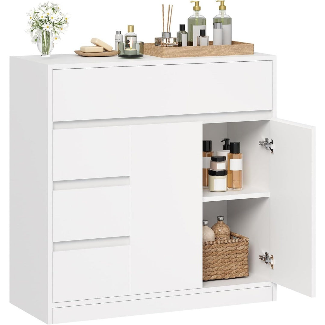 Meuble bas design moderne gris clair 5 etageres, materiau durable