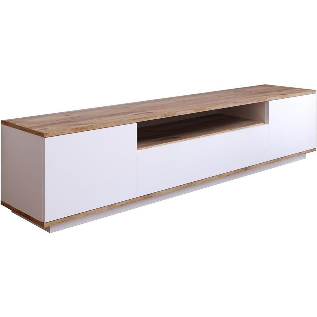 Meuble TV gris clair 1 etagere, ideal pour salon et cuisine