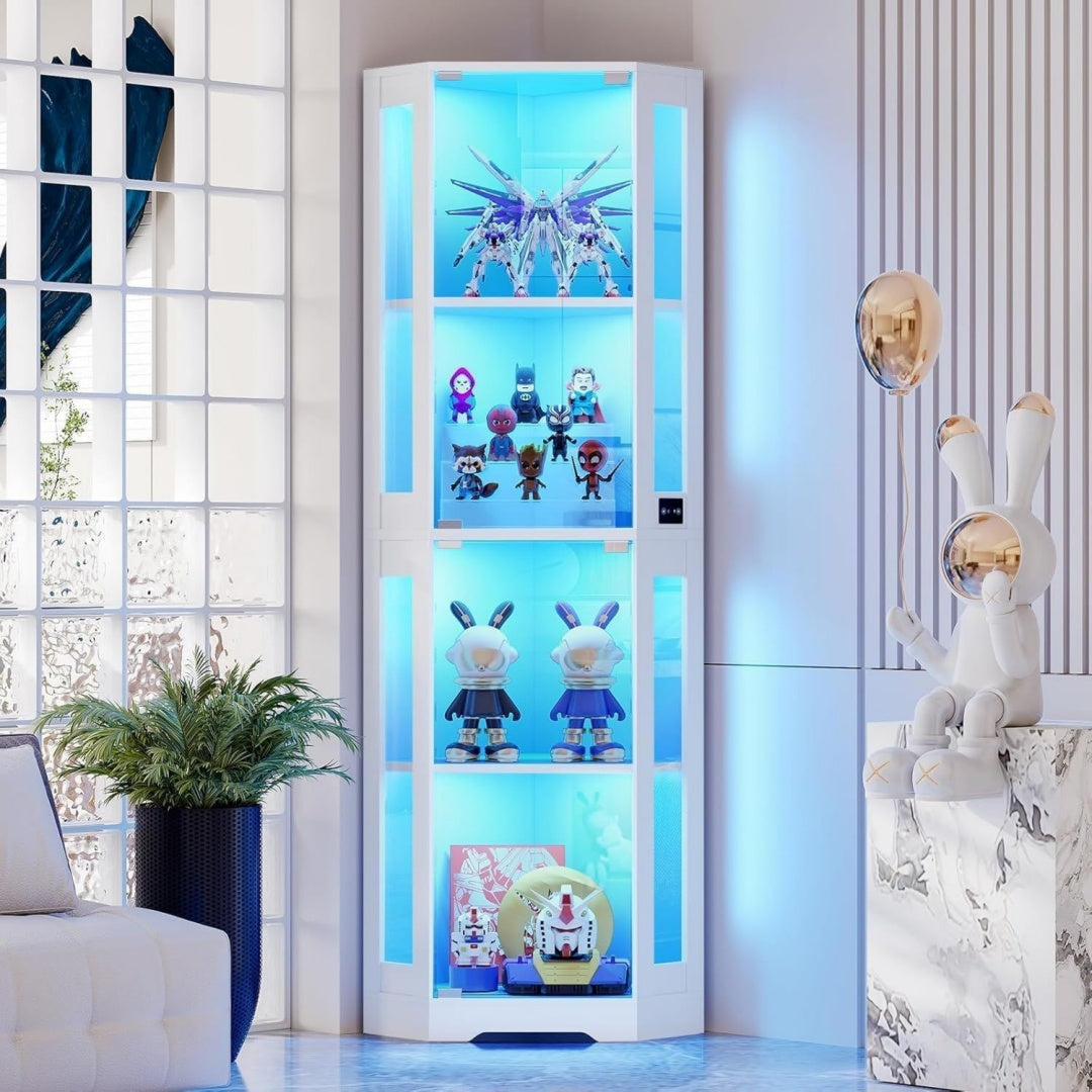Vitrine d'exposition design moderne gris clair 4 etageres, verre durable
